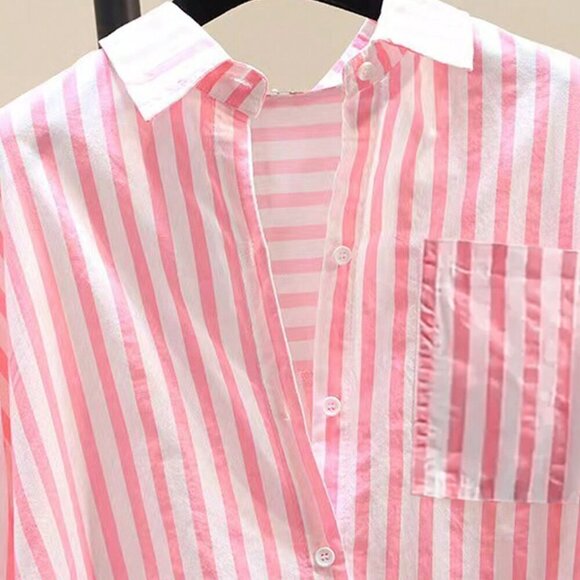 Pink Casual Women's Striped Print Long Sleeve Chest Pocket Shirt - Picture 3 of 3